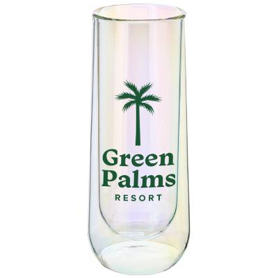Iridescent Stemless Flute with custom imprint.