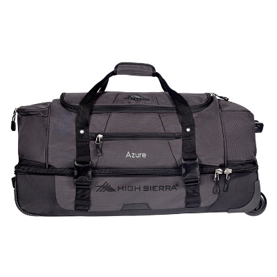 Black duffel bag with custom embroidered imprint.