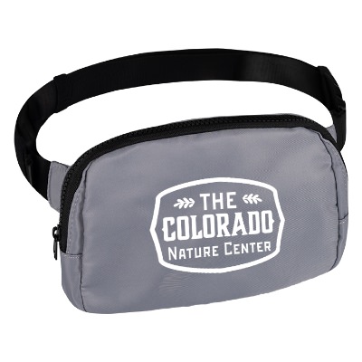 Gray belt bag with black strap and custom imprint.