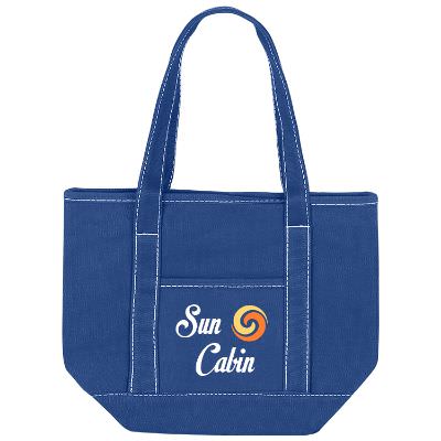 Cotton canvas natural small cruiser tote with logoed full color imprint.