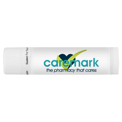 White plastic lip balm with a custom imprint.