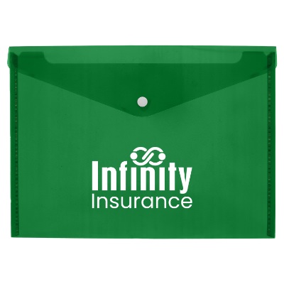 Green plastic document holder with a custom logo.