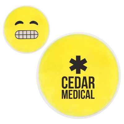 Yellow plastic hot and cold pack with a branded logo