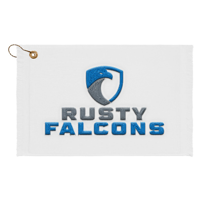 White golf towel with custom embroidered logo.