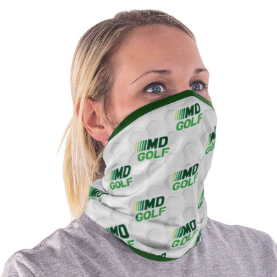 Green polyester neck gaiter with a branded imprint.
