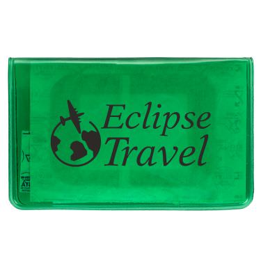 Green vinyl first aid kit with a custom imprint.