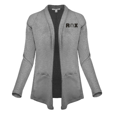 Custom gray cardigan with logo.
