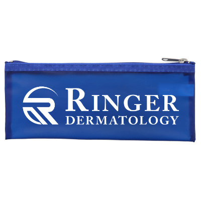 Blue vinyl first aid kit with a personalized imprint.