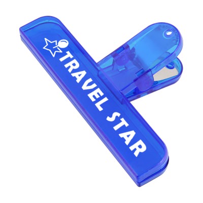 Plastic translucent blue jumbo chip clip with custom imprint.
