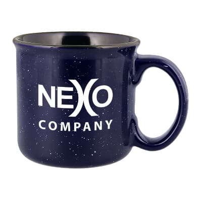 Ceramic blue coffee mug with custom logo and c-handle in 13 ounces.