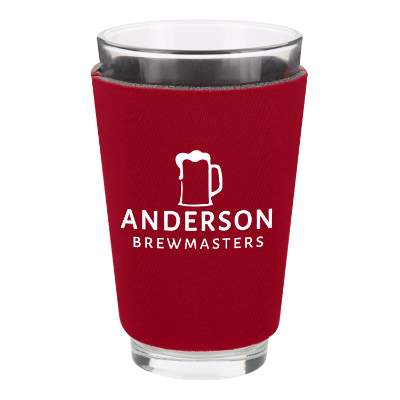 Foam red pint glass sleeve cooler with custom branding.