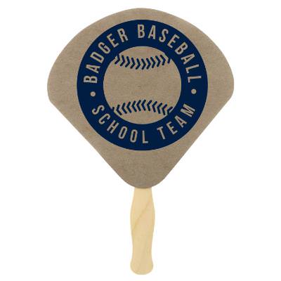 Paper brown hand fan with a personalized imprint.
