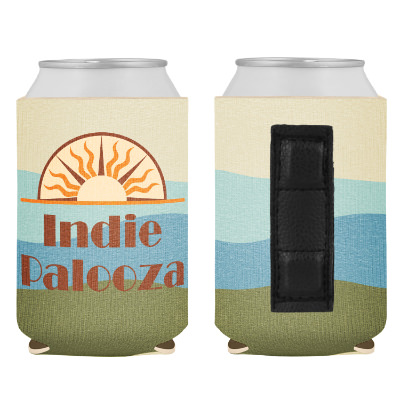 Boho coastal can cooler with custom full color imprint.
