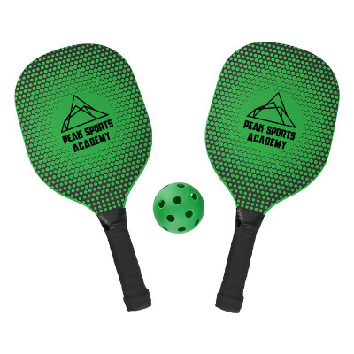 Green wood and plastic pickleball set with a personalized logo.