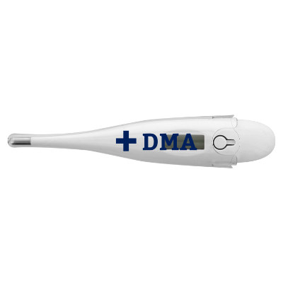 White plastic thermometer with a branded imprint.