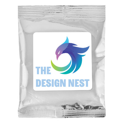 Silver plastic drink mix pack with a custom logo.
