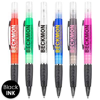Translucent pen with hand sanitizer.