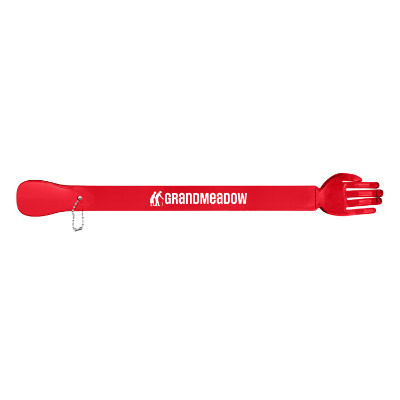 Red plastic backscratcher with a branded logo.