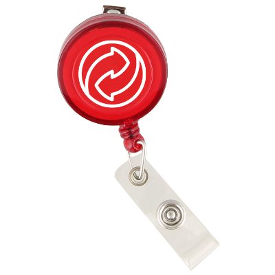 Plastic round black retractable badge holder with alligator clip with promotional imprint.
