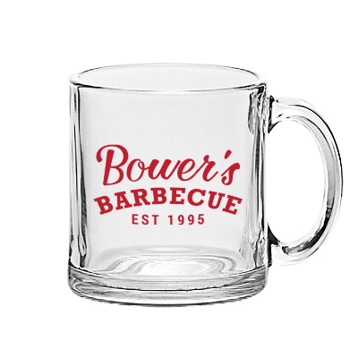 Clear coffee mug with custom logo.