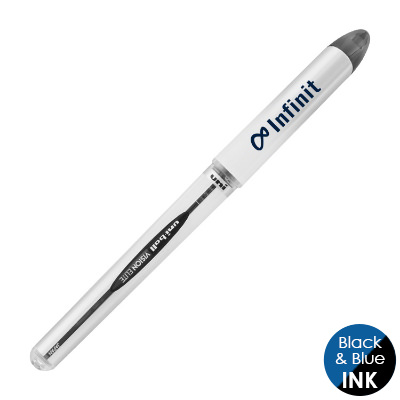 Black plastic pen with a personalized imprint.