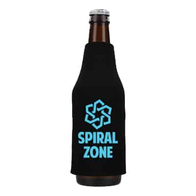 Foam black bottle sleeve can cooler with custom imprint.