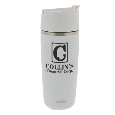 White coffee press with custom logo.