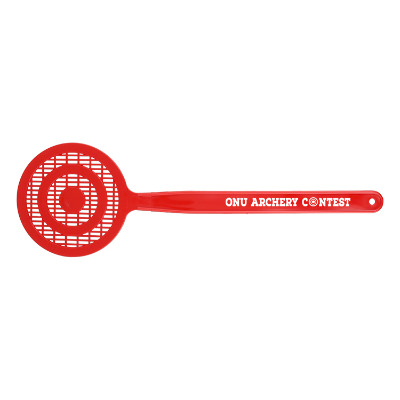 Red polyethylene fly swatter with a customized logo.