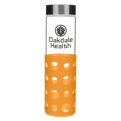 Glass water bottle with orange silicone sleeve and custom logo in 20 oz.
