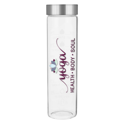 Glass water bottle with custom logo with elevated ink in 20 oz.