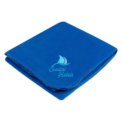 Embroidered red plush fleece blanket.