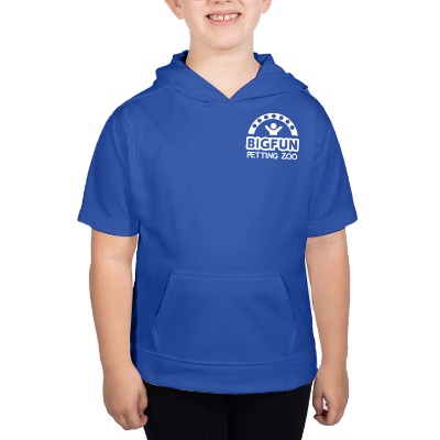 Youth blue custom imprinted short sleeve pullover.