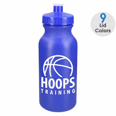 Plastic red water bottle with custom imprint and push pull lid in 20 ounces.