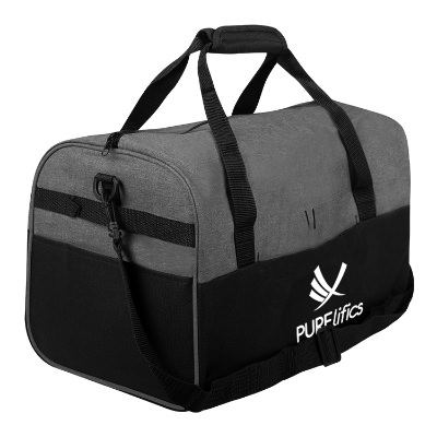 Gray colorblock duffel bag with custom white imprint.