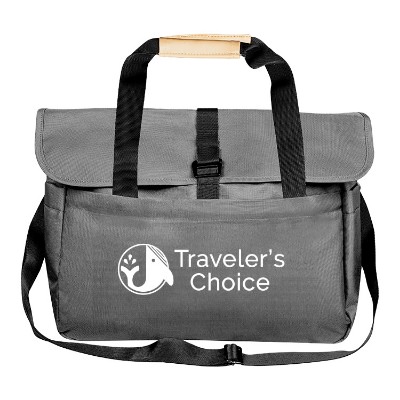 Gray messenger bag with accented handle and custom imprint.
