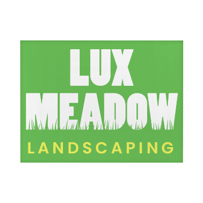 White plastic yard sign with a branded logo.