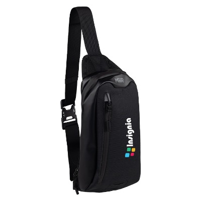 Black zippered sling bag with custom full-color logo.