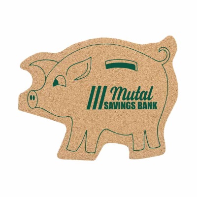 Large cork piggy bank coaster with personalized promo.
