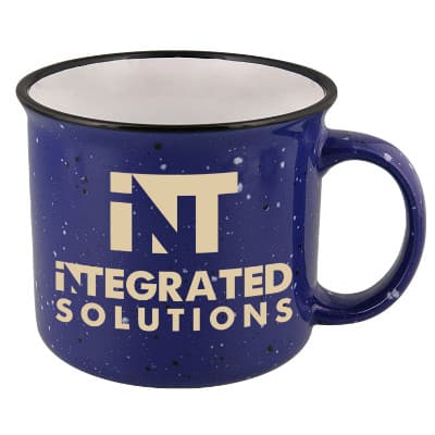 Ceramic cobalt blue coffee mug with c-handle and custom branding in 15 ounces.