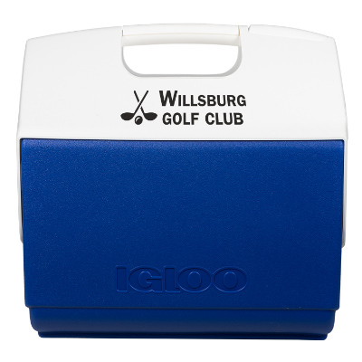 Blue polypropylene cooler with a custom logo.