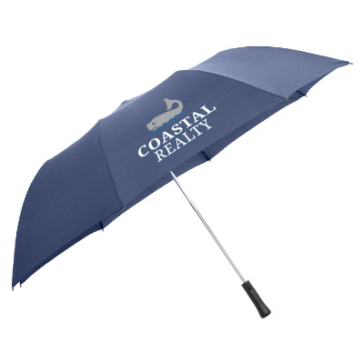 Navy large auto open folding umbrella with unique full color imprint.