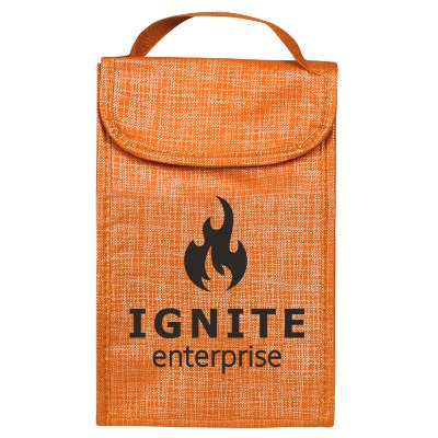 Orange polypropylene crosshatch lunch tote with custom imprint.