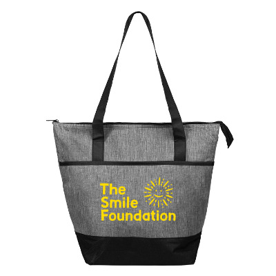 Gray polyester cooler with a custom logo.