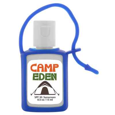 Plastic bottle with blue silicone holder available with a full-color logo.