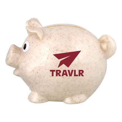 Tan plastic piggy bank with a personalized imprint.
