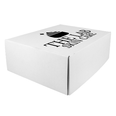 White cardboard box with a custom imprint.