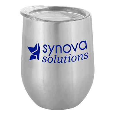 Silver wine glass with custom logo.