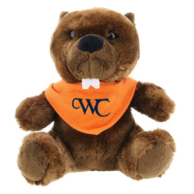 Plush and cotton beaver with orange bandana with personalized imprint.