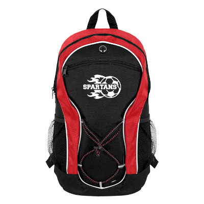 Black and red backpack with custom logo.