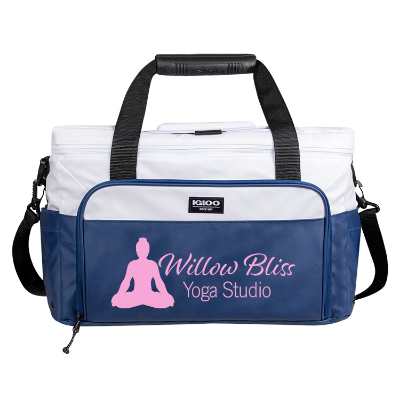 White and blue cooler with custom logo.